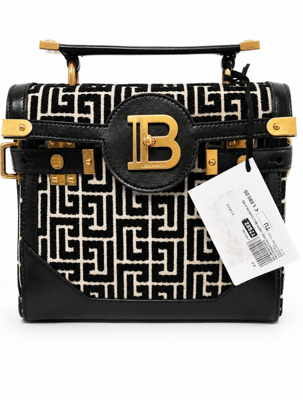 Balmain Black & Ivory Monogram Jacquard Top-Handle Bag with Gold Hardware